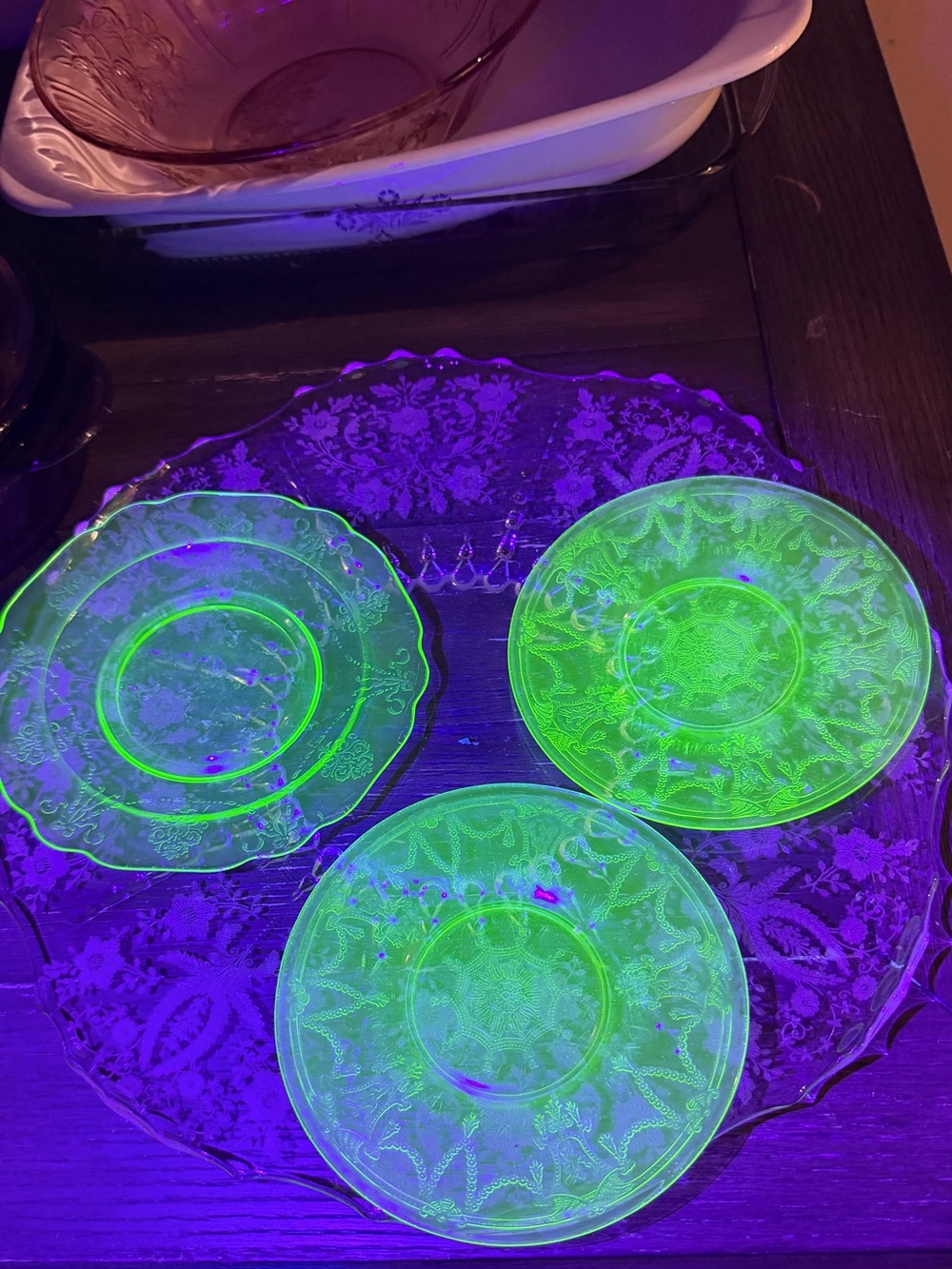 Set of 3 1930 Uranium glass dishes